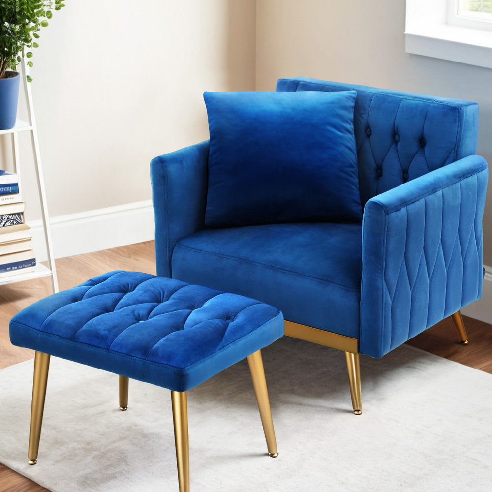 Marlook Armchair Ottoman Accent Chair Pillow Velvet Blue