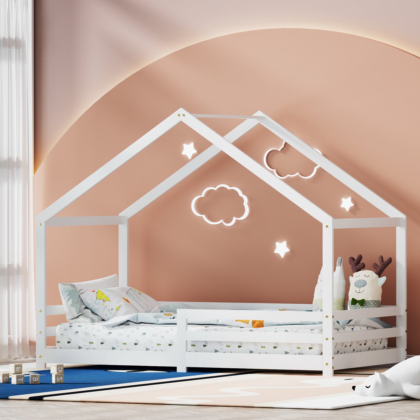 Marlook Bed Frame Wooden Kids Single House Frame White AMOS