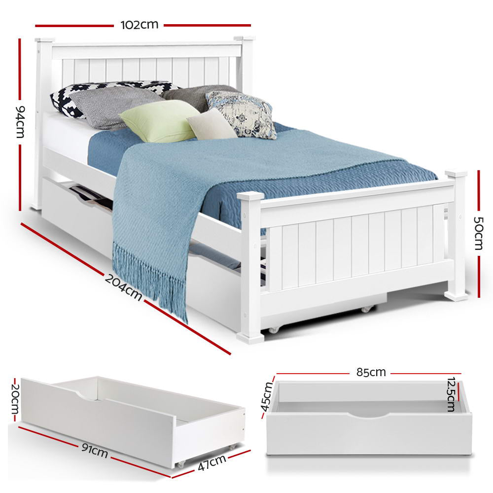 Marlook Bed Frame Single Size Wooden with 2 Drawers White RIO
