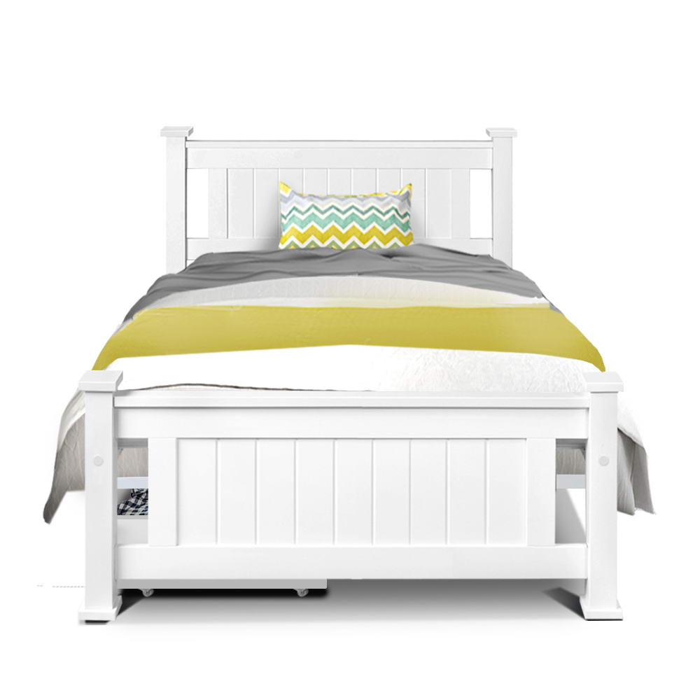 Marlook Bed Frame Single Size Wooden with 2 Drawers White RIO