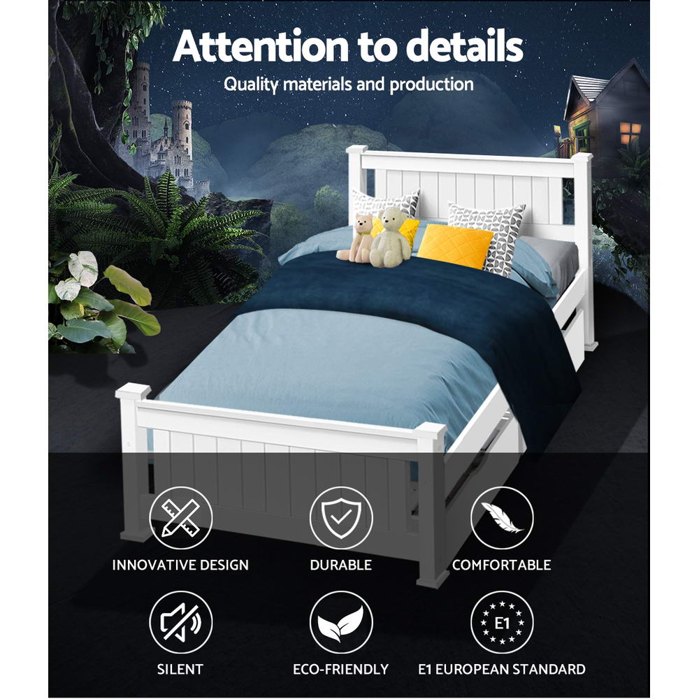Marlook Bed Frame Single Size Wooden with 2 Drawers White RIO