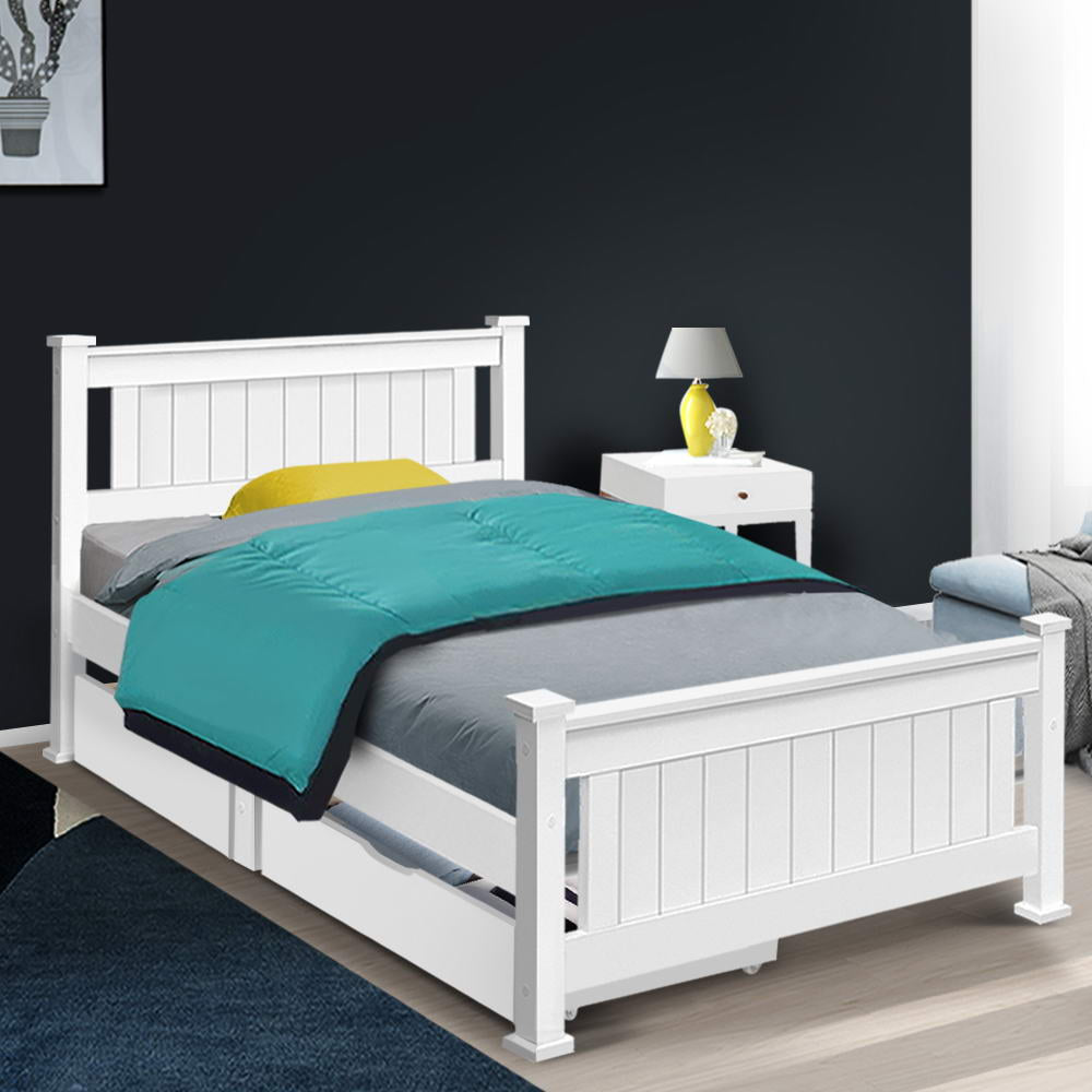 Marlook Bed Frame Single Size Wooden with 2 Drawers White RIO