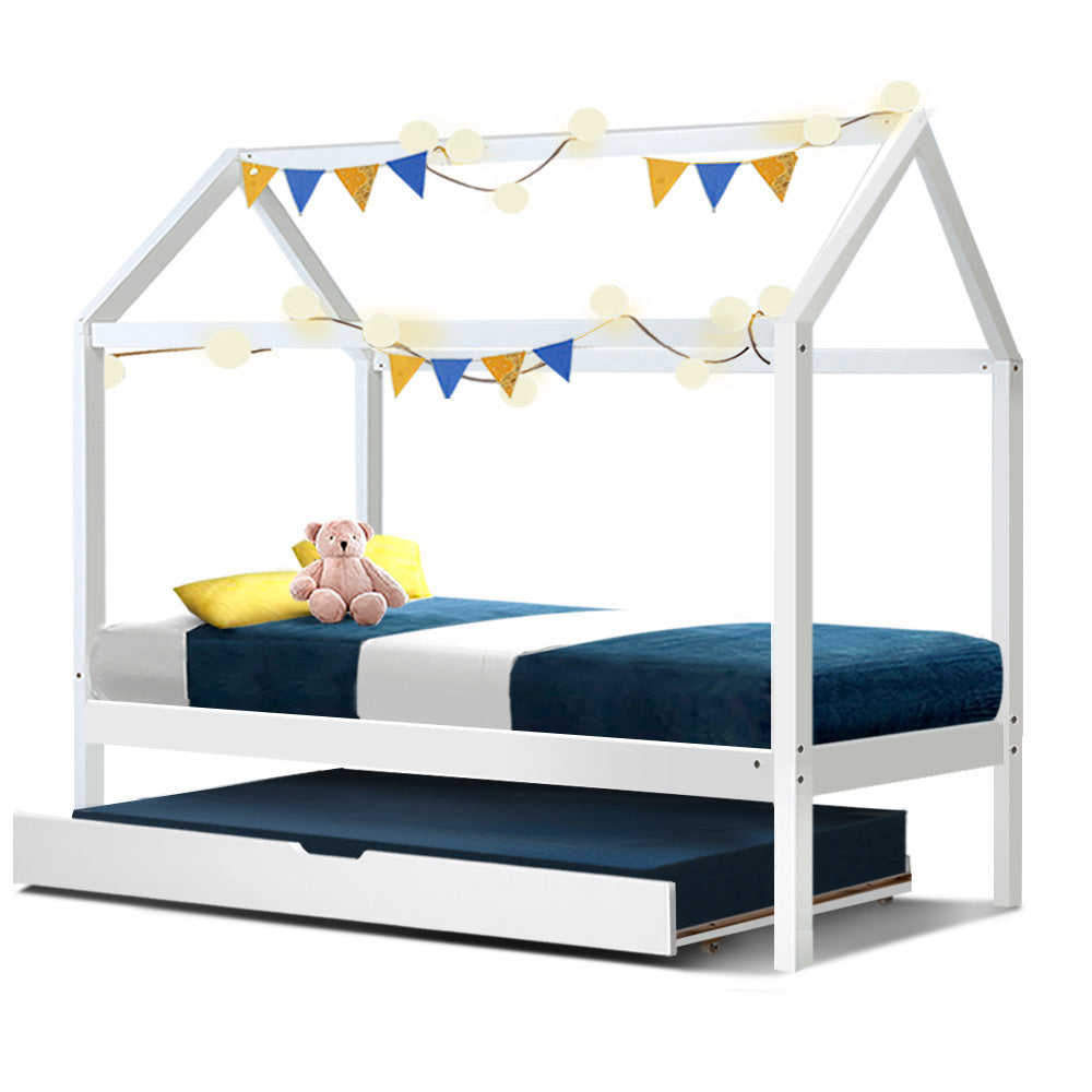 Marlook Bed Frame Wooden Trundle Daybed Kids House Frame White HOLY