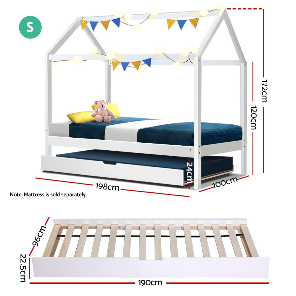 Marlook Bed Frame Wooden Trundle Daybed Kids House Frame White HOLY