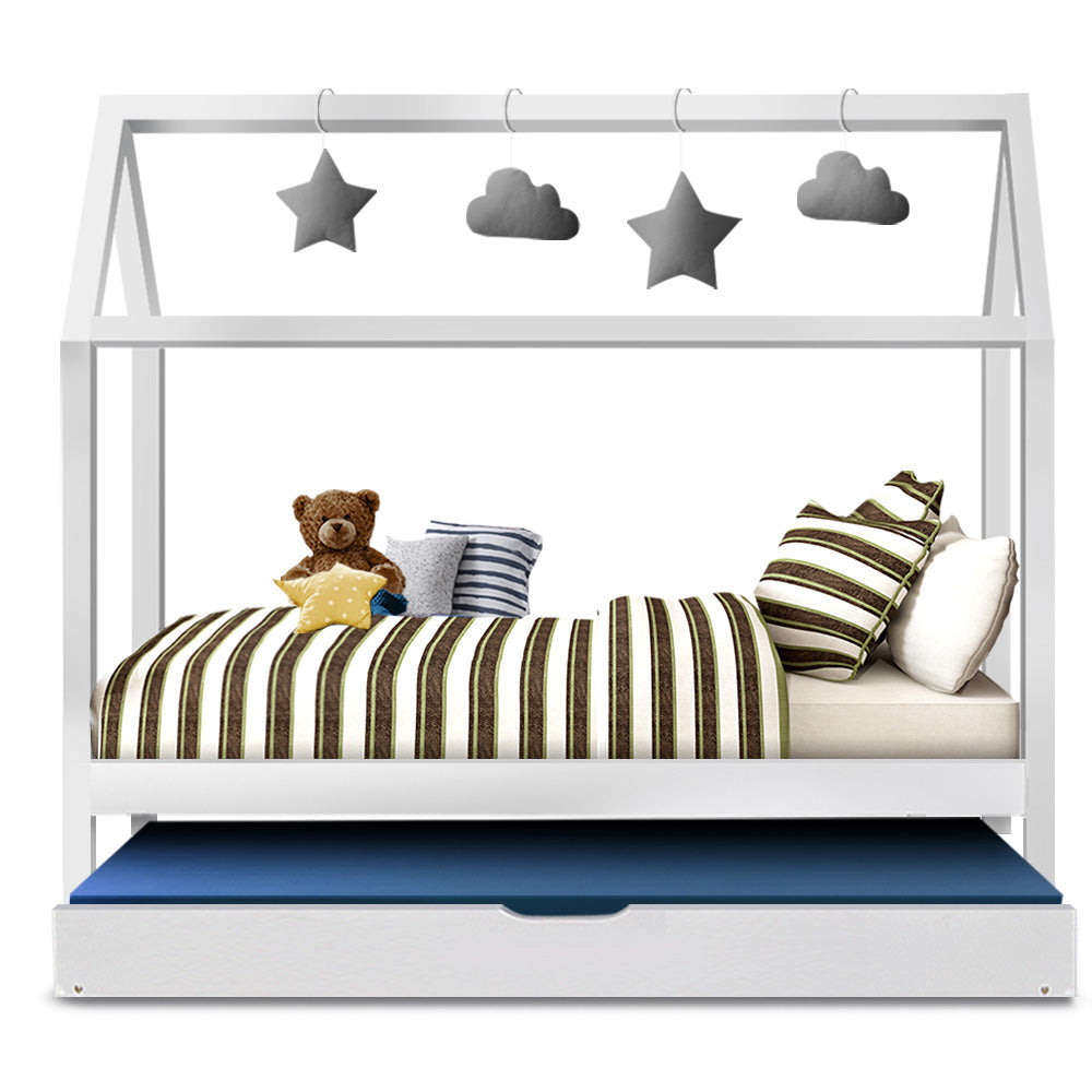 Marlook Bed Frame Wooden Trundle Daybed Kids House Frame White HOLY