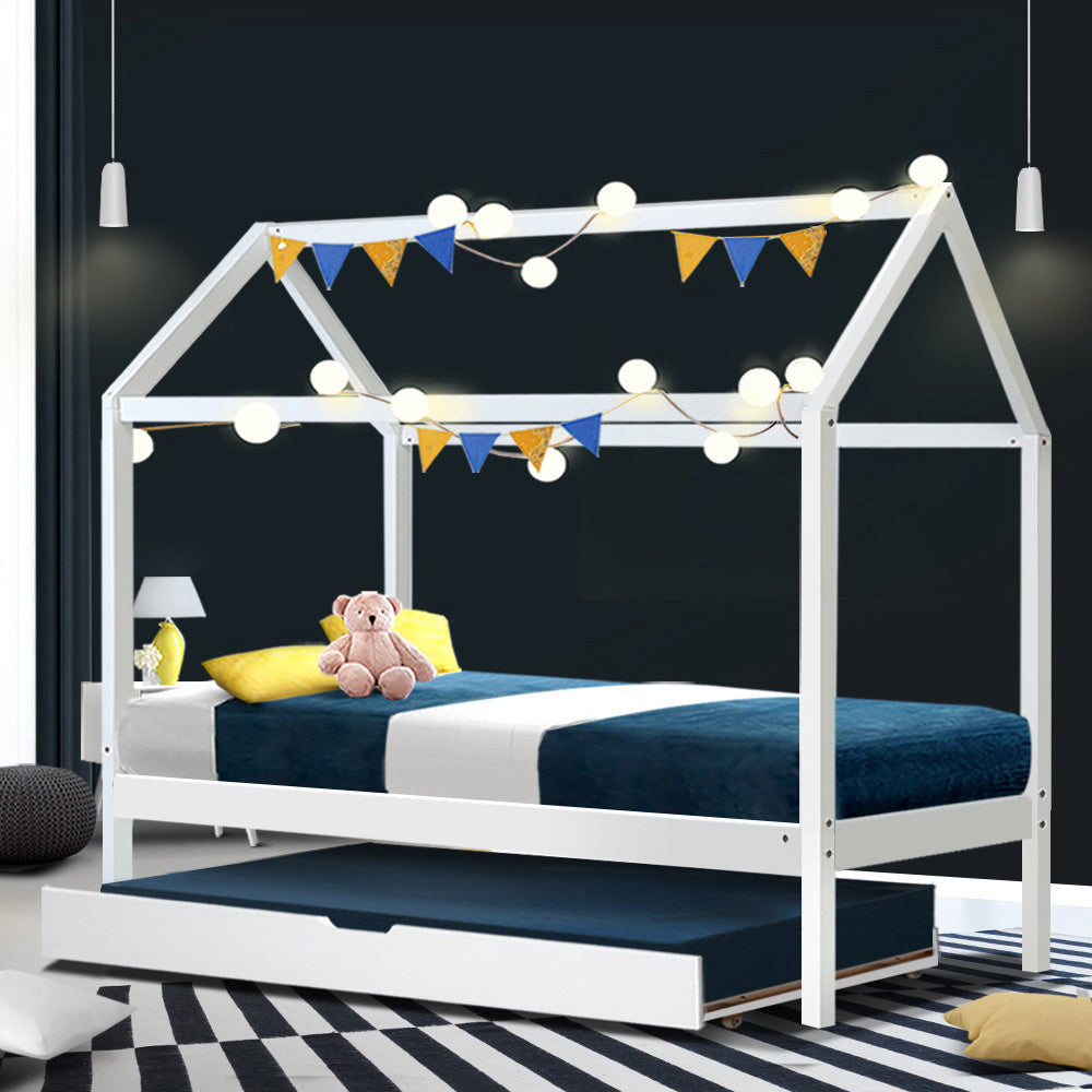 Marlook Bed Frame Wooden Trundle Daybed Kids House Frame White HOLY