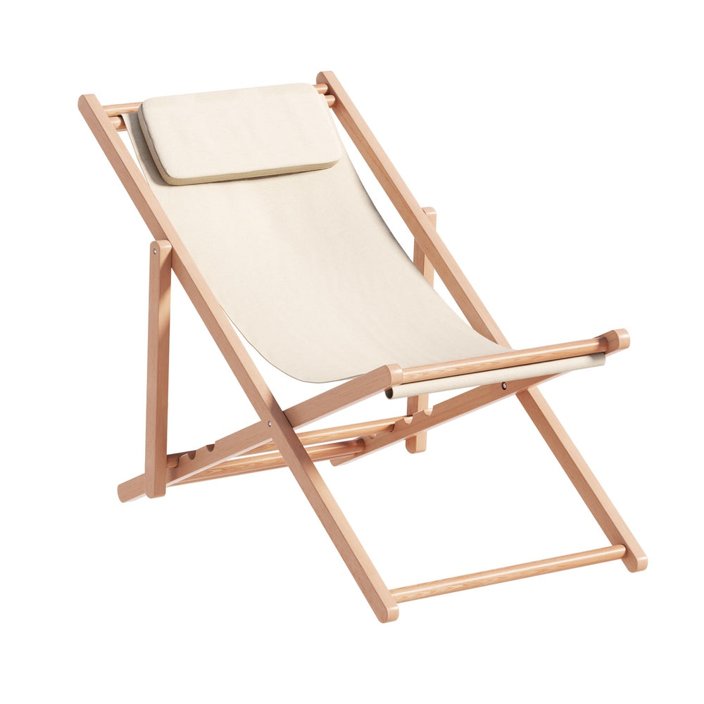 Marlook Outdoor Deck Chair Wooden Sun Lounge Folding Beach Patio Furniture Beige