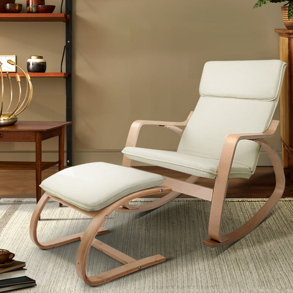 Marlook Rocking Armchair Bentwood Frame With Foot Stool Beige