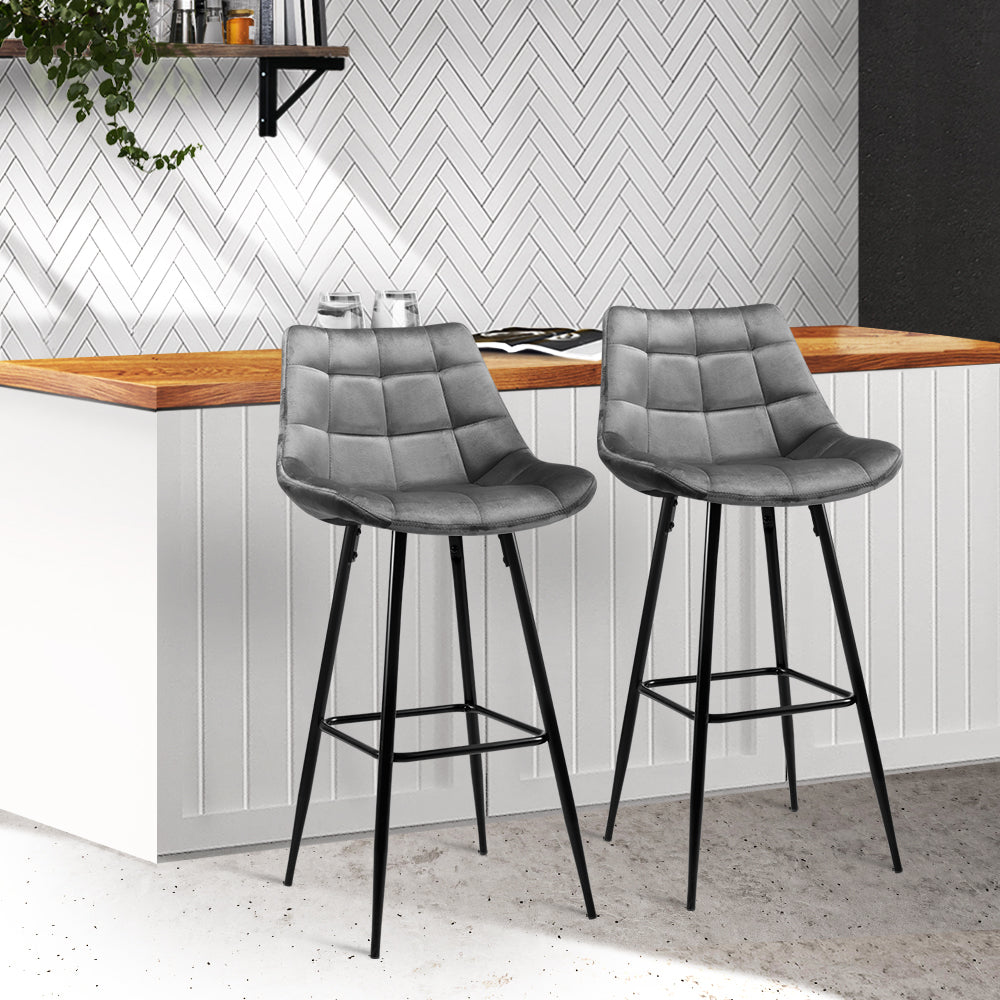 Marlook 2x Bar Stools Velvet Chairs Grey