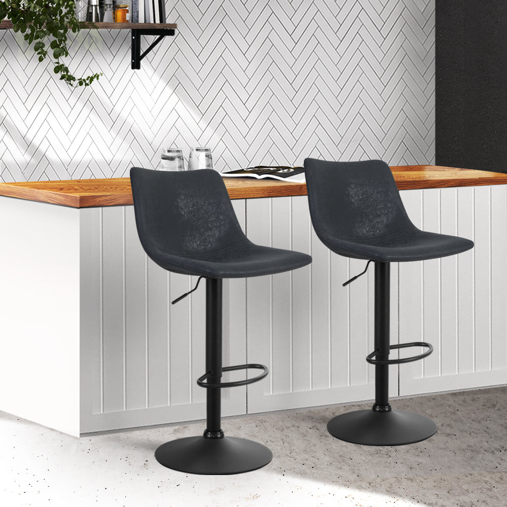 Marlook 2x Bar Stools Vintage Leather Swivel Gas Lift Black