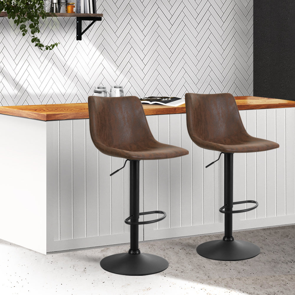 Marlook 2x Bar Stools Vintage Leather Swivel Gas Lift Brown