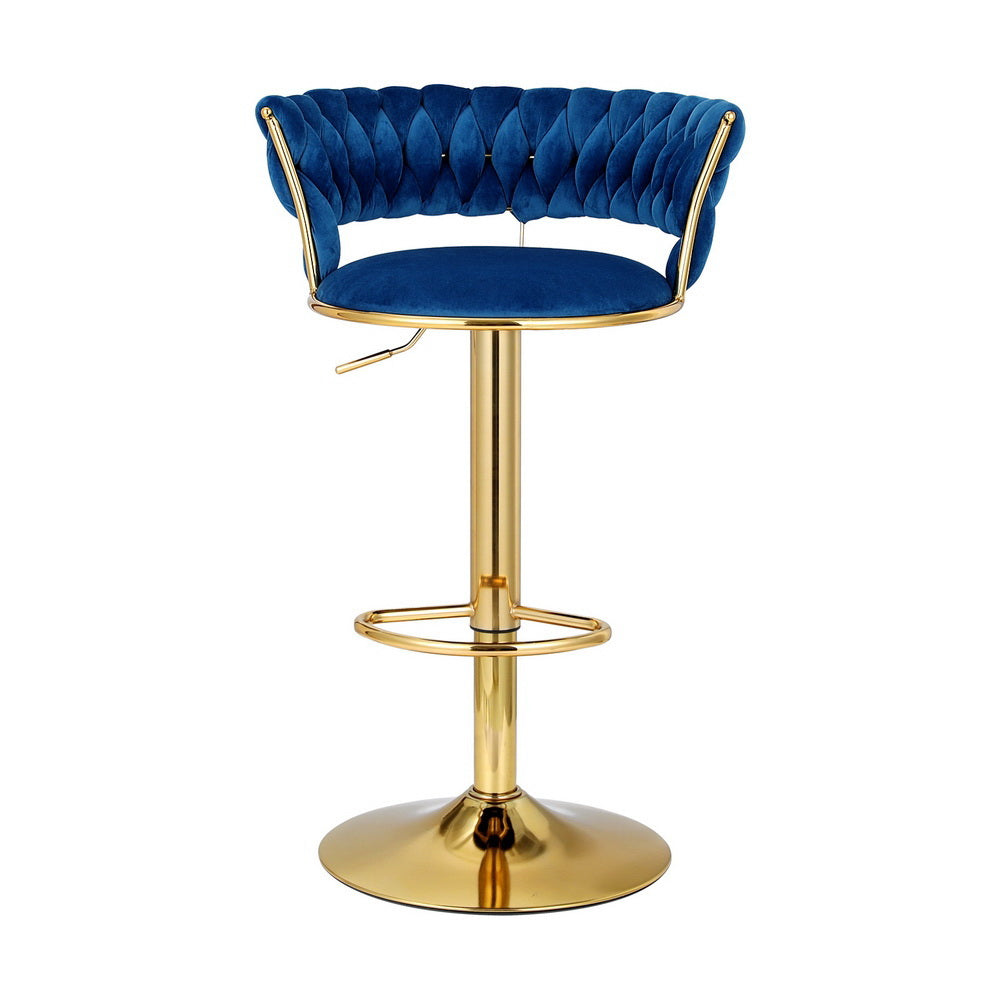 Marlook 2x Bar Stools Gas Lift Velvet Woven Backrest Navy