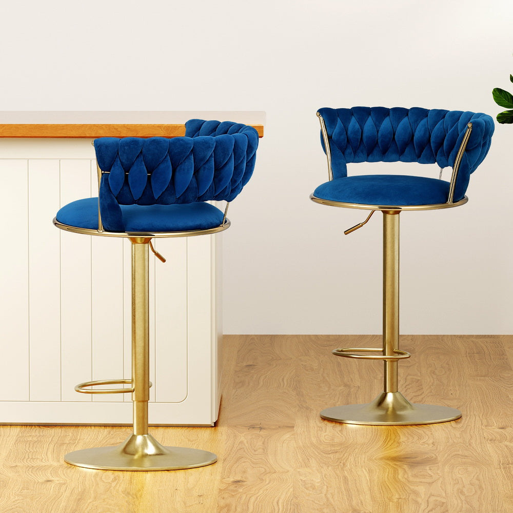 Marlook 2x Bar Stools Gas Lift Velvet Woven Backrest Navy