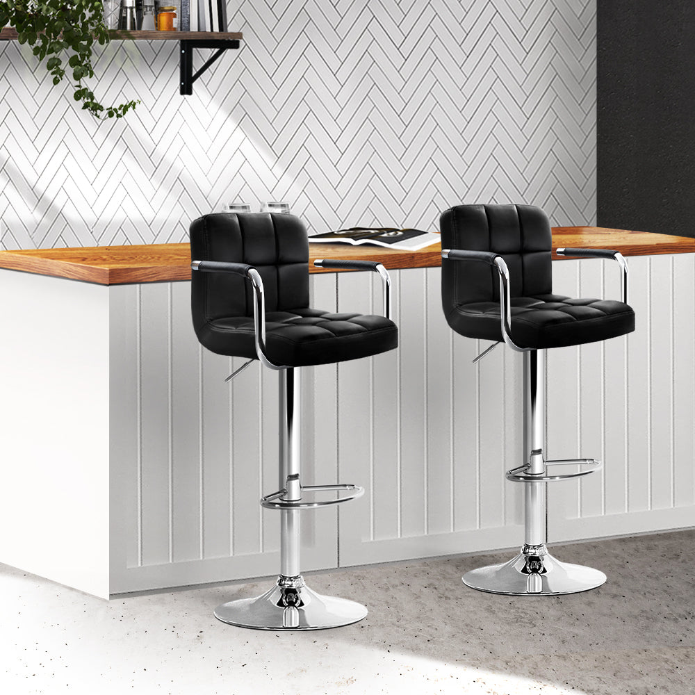 Marlook 2x Bar Stools Leather Gas Lift w/Armrest Black
