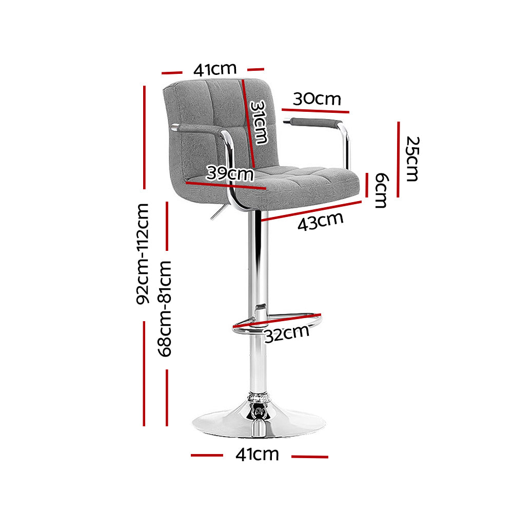Marlook 2x Bar Stools Fabric Gas Lift w/Armrest Grey