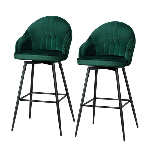 Marlook 2x Bar Stools Velvet Swivel Metal Legs Green