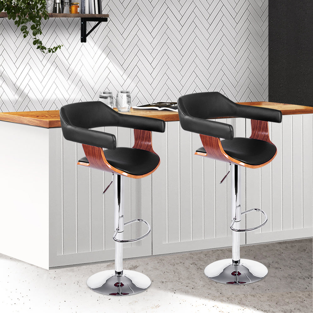 Marlook 2x Bar Stools Gas Lift Leather w/Armrest Black