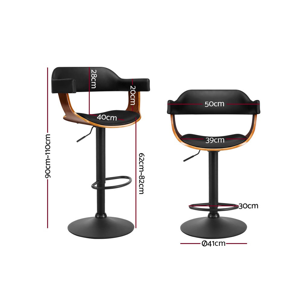 Marlook 2x Bar Stools Gas Lift Leather w/Armrest All Black