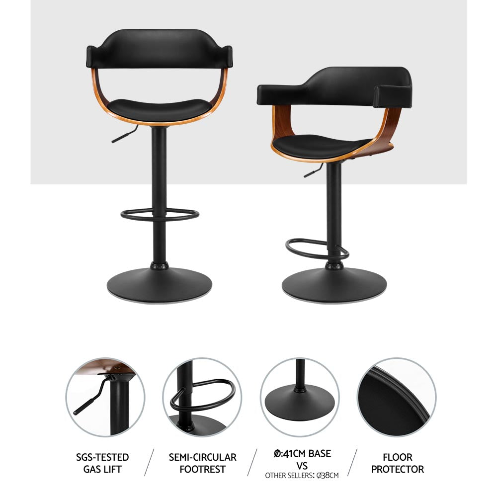 Marlook 2x Bar Stools Gas Lift Leather w/Armrest All Black
