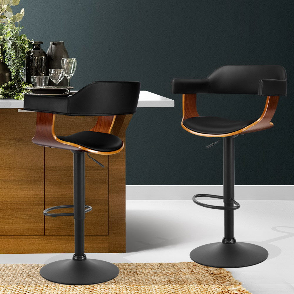 Marlook 2x Bar Stools Gas Lift Leather w/Armrest All Black