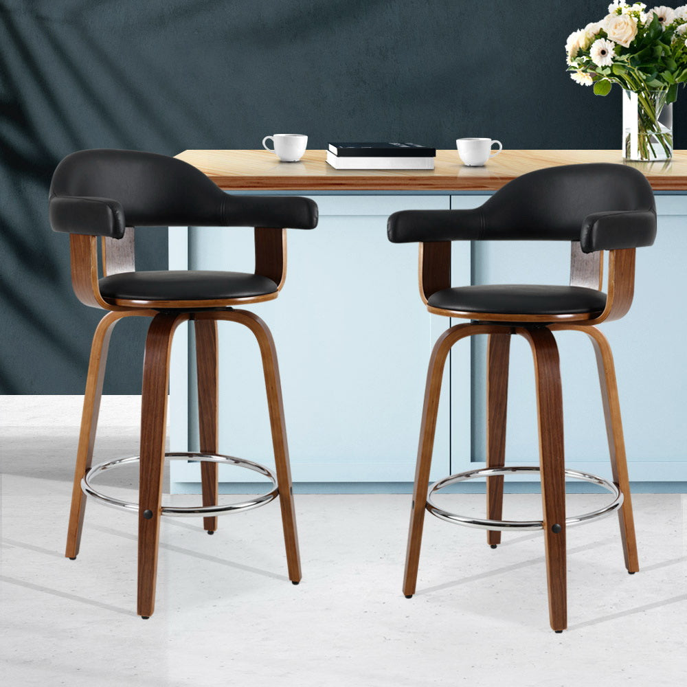 Marlook 2x Bar Stools Leather Seat Wooden Legs