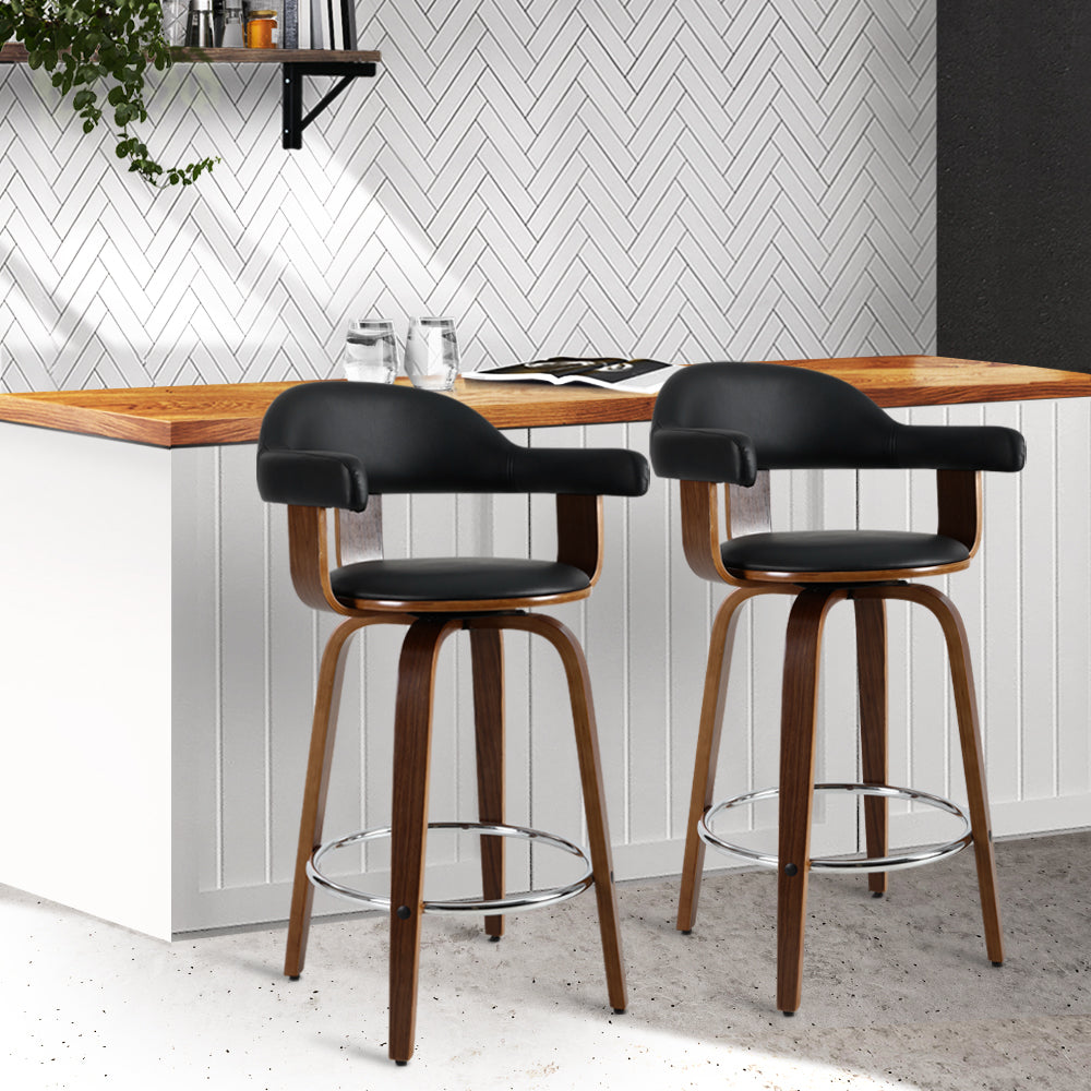 Marlook 2x Bar Stools Leather Seat Wooden Legs