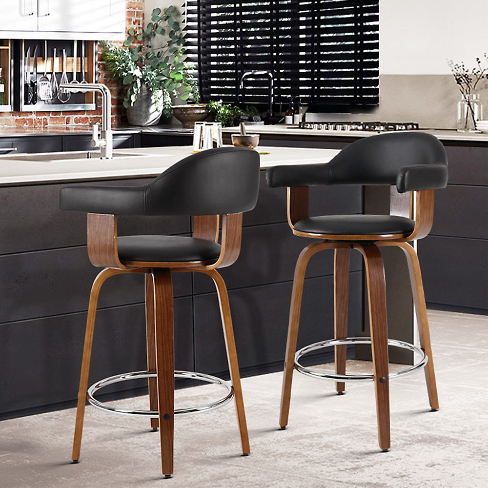 Marlook 2x Bar Stools Leather Seat Wooden Legs