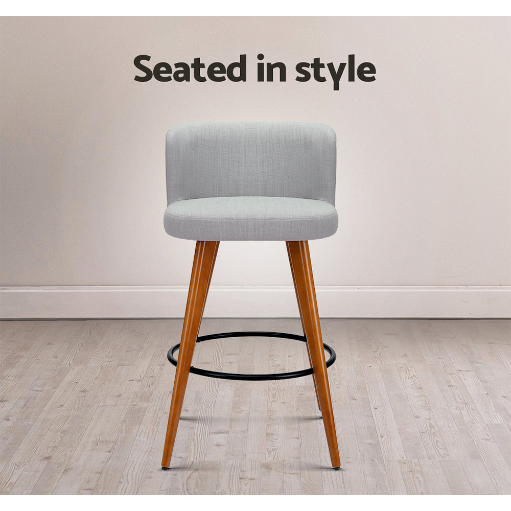 Marlook 2x Bar Stools Linen Padded Wooden Grey