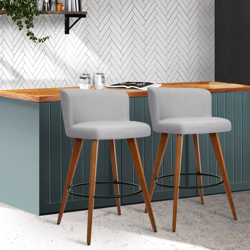 Marlook 2x Bar Stools Linen Padded Wooden Grey