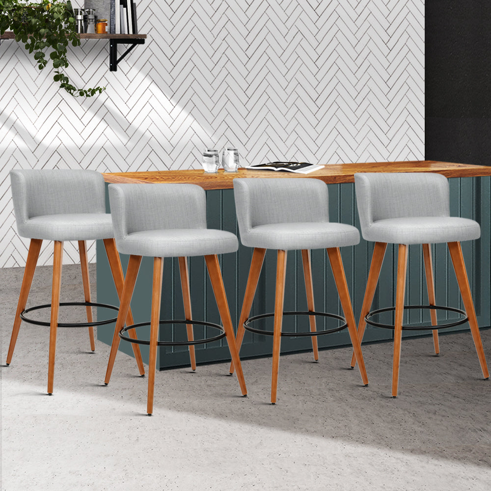 Marlook 4x Bar Stools Linen Padded Wooden Grey