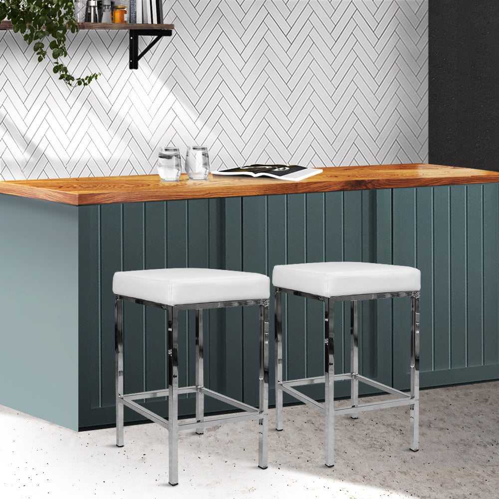 Marlook 2x Bar Stools Leather Padded Metal White