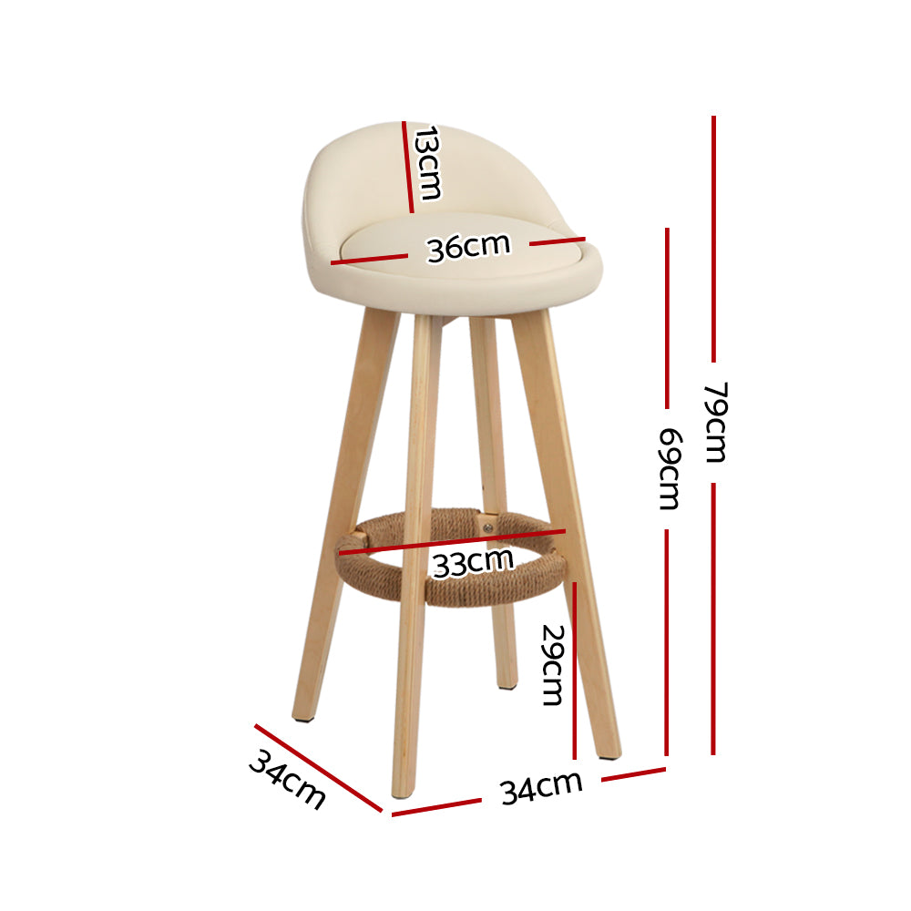 Marlook 2x Bar Stools Padded Leather Wooden Beige