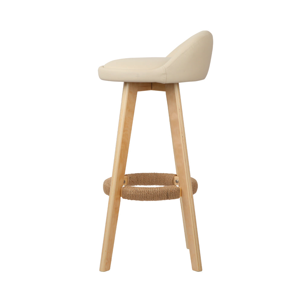 Marlook 2x Bar Stools Padded Leather Wooden Beige