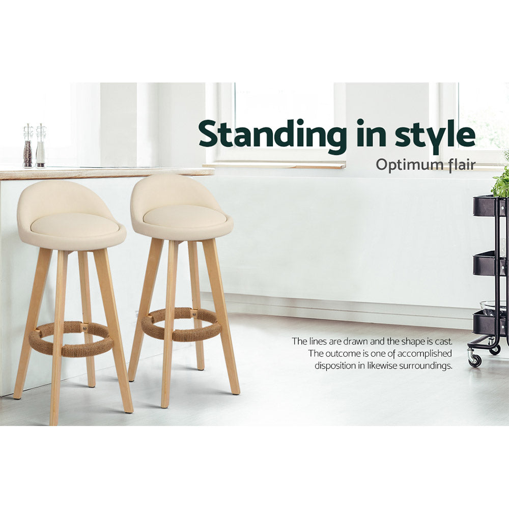 Marlook 2x Bar Stools Padded Leather Wooden Beige