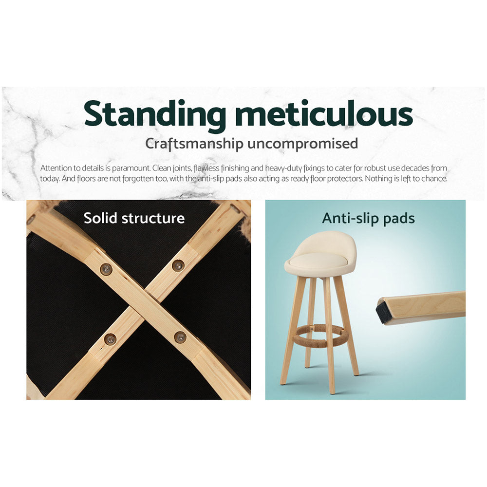 Marlook 2x Bar Stools Padded Leather Wooden Beige