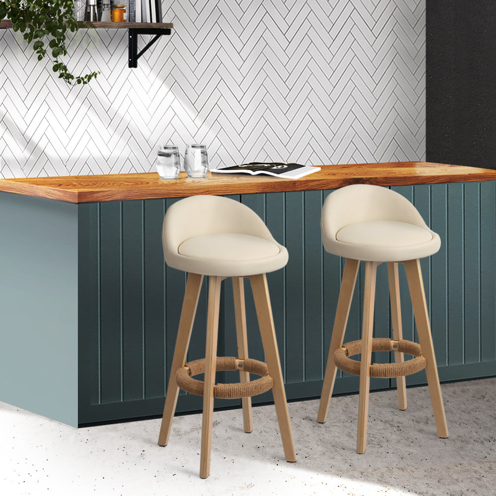 Marlook 2x Bar Stools Padded Leather Wooden Beige