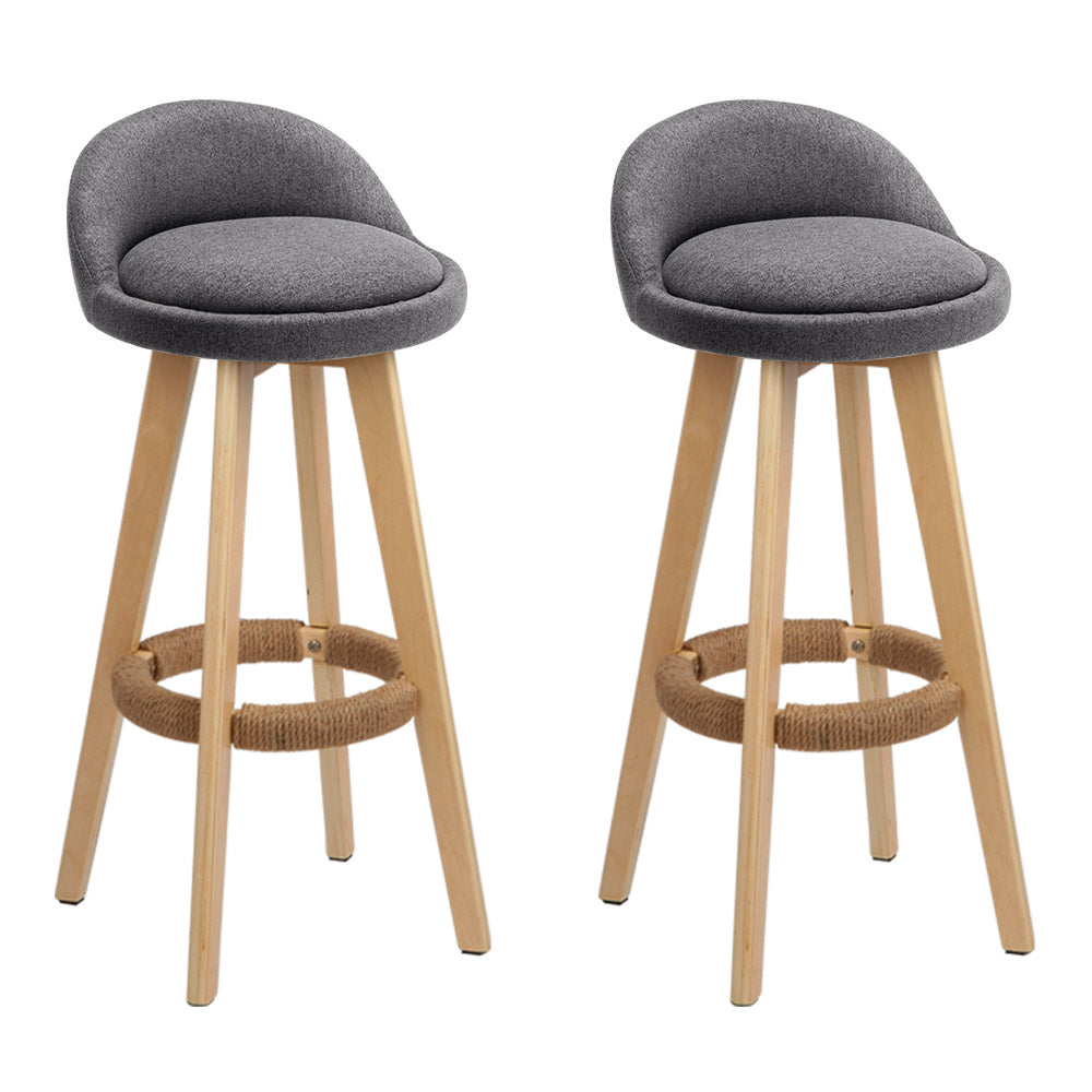 Marlook 2x Bar Stools Padded Linen Wooden Grey
