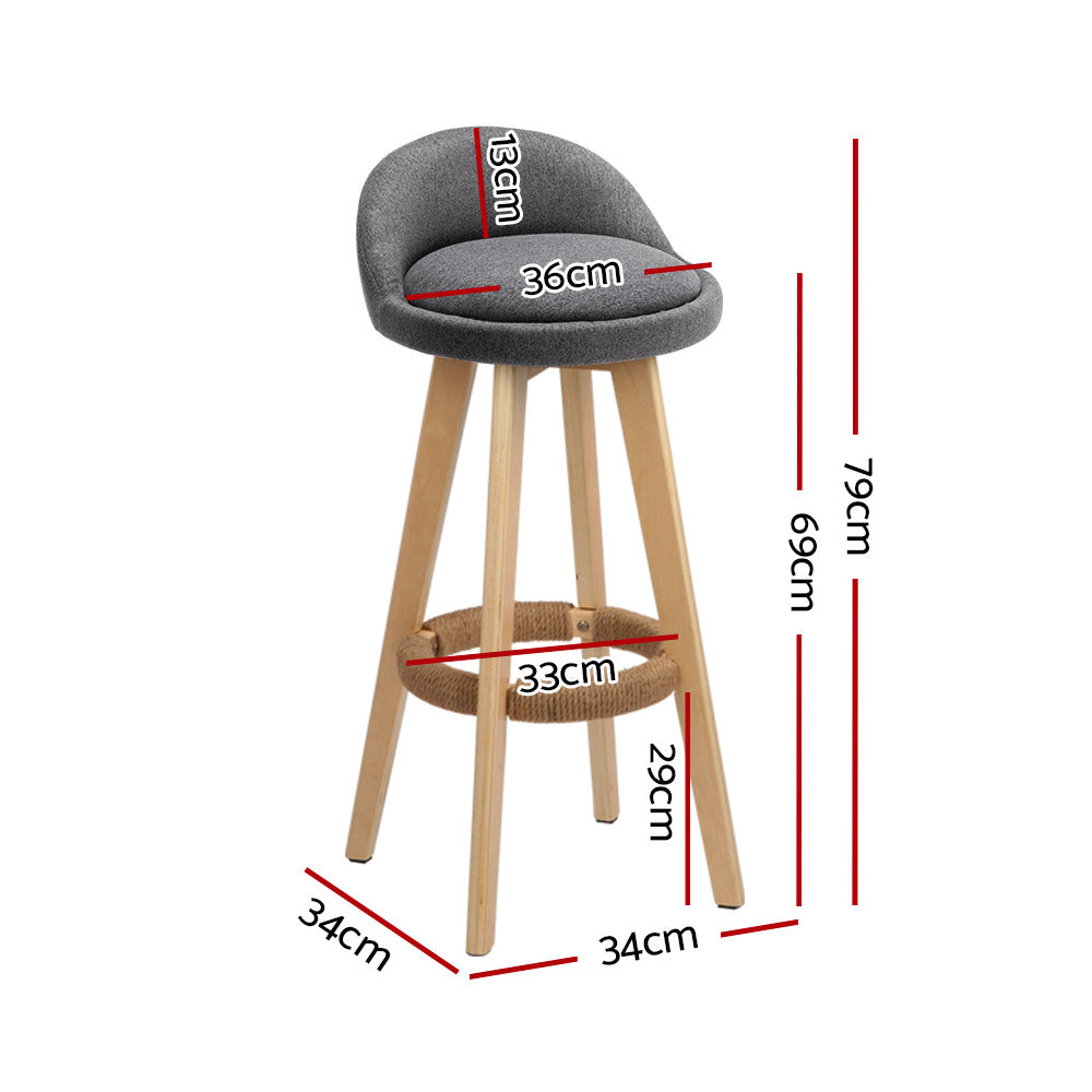 Marlook 2x Bar Stools Padded Linen Wooden Grey