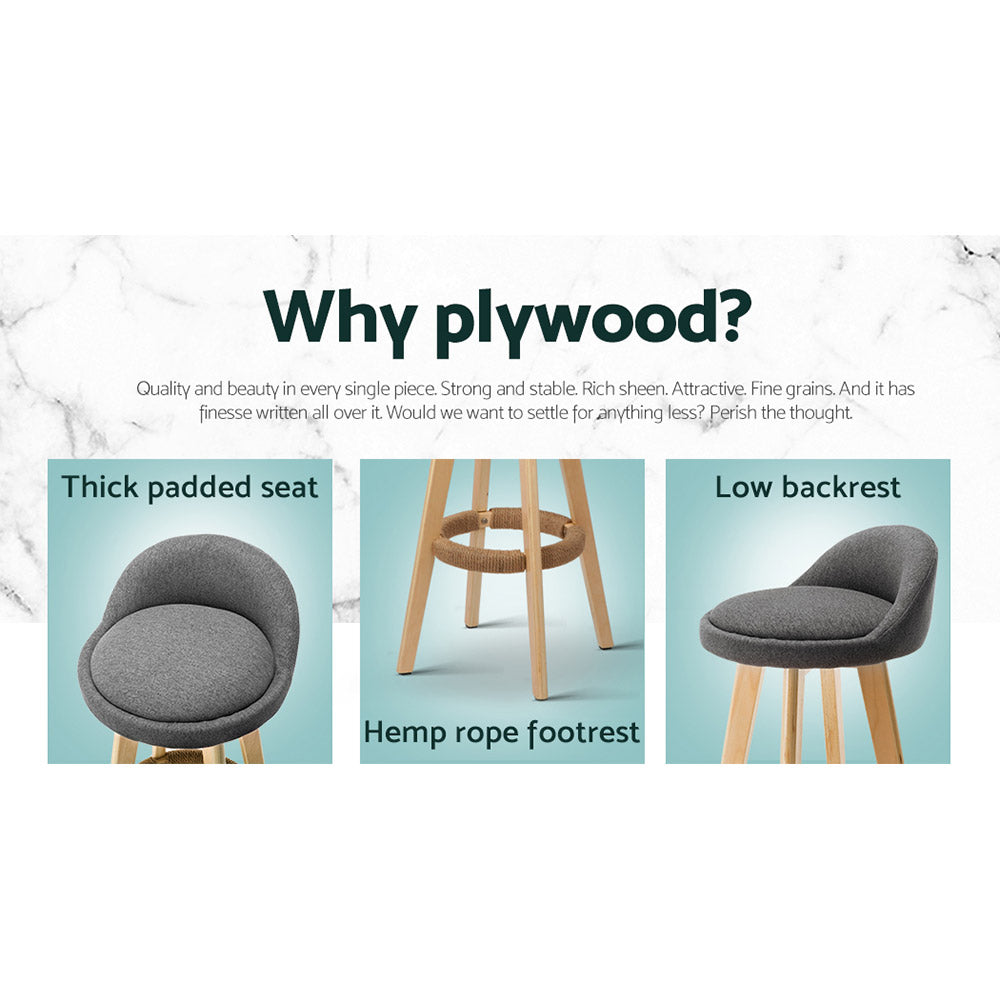 Marlook 2x Bar Stools Padded Linen Wooden Grey
