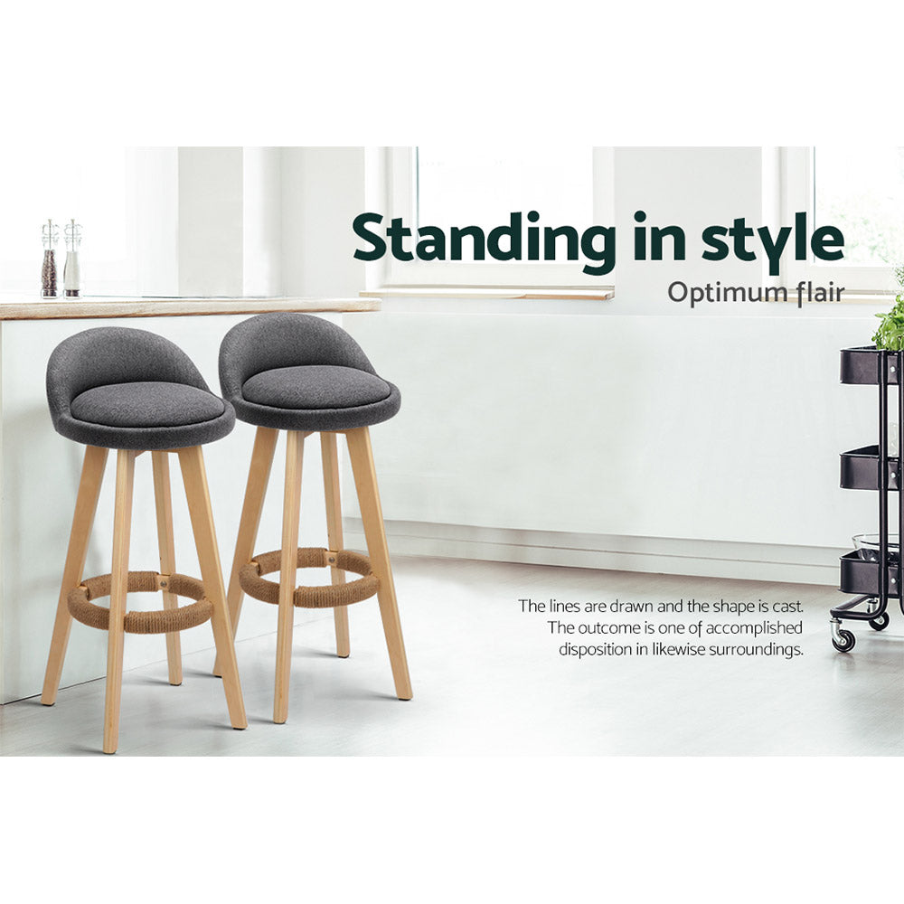 Marlook 2x Bar Stools Padded Linen Wooden Grey