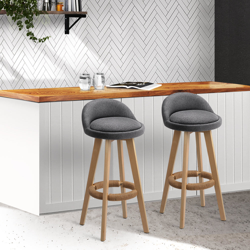 Marlook 2x Bar Stools Padded Linen Wooden Grey