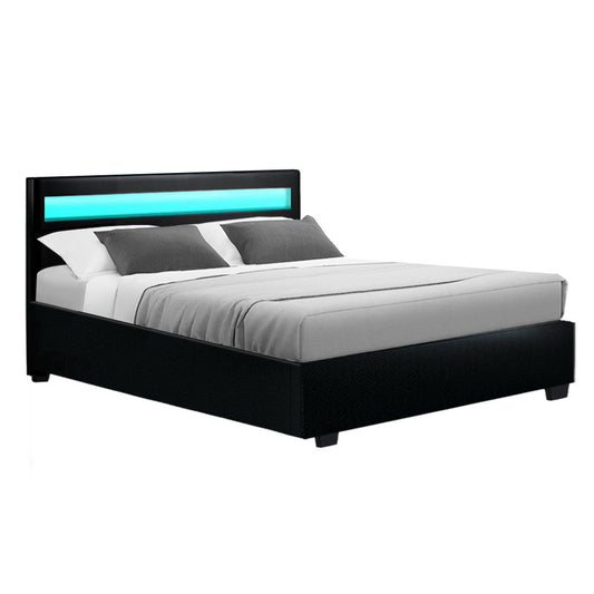 Marlook Bed Frame Double Size LED Gas Lift Black COLE