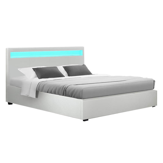 Marlook Bed Frame Double Size LED Gas Lift White COLE