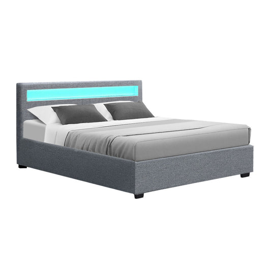 Marlook Bed Frame Queen Size LED Gas Lift Grey COLE