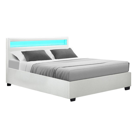Marlook Bed Frame Queen Size LED Gas Lift White COLE
