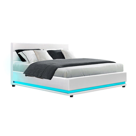 Marlook Bed Frame Double Size LED Gas Lift White LUMI