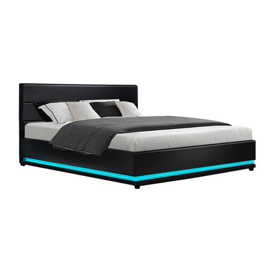 Marlook Bed Frame King Size LED Gas Lift Black LUMI
