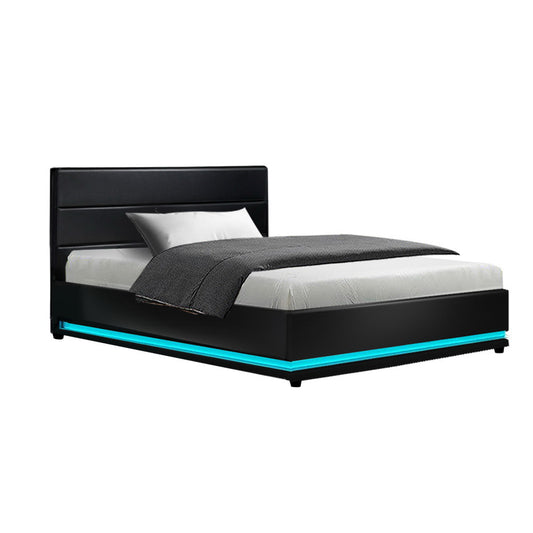 Marlook Bed Frame King Single Size LED Gas Lift Black LUMI