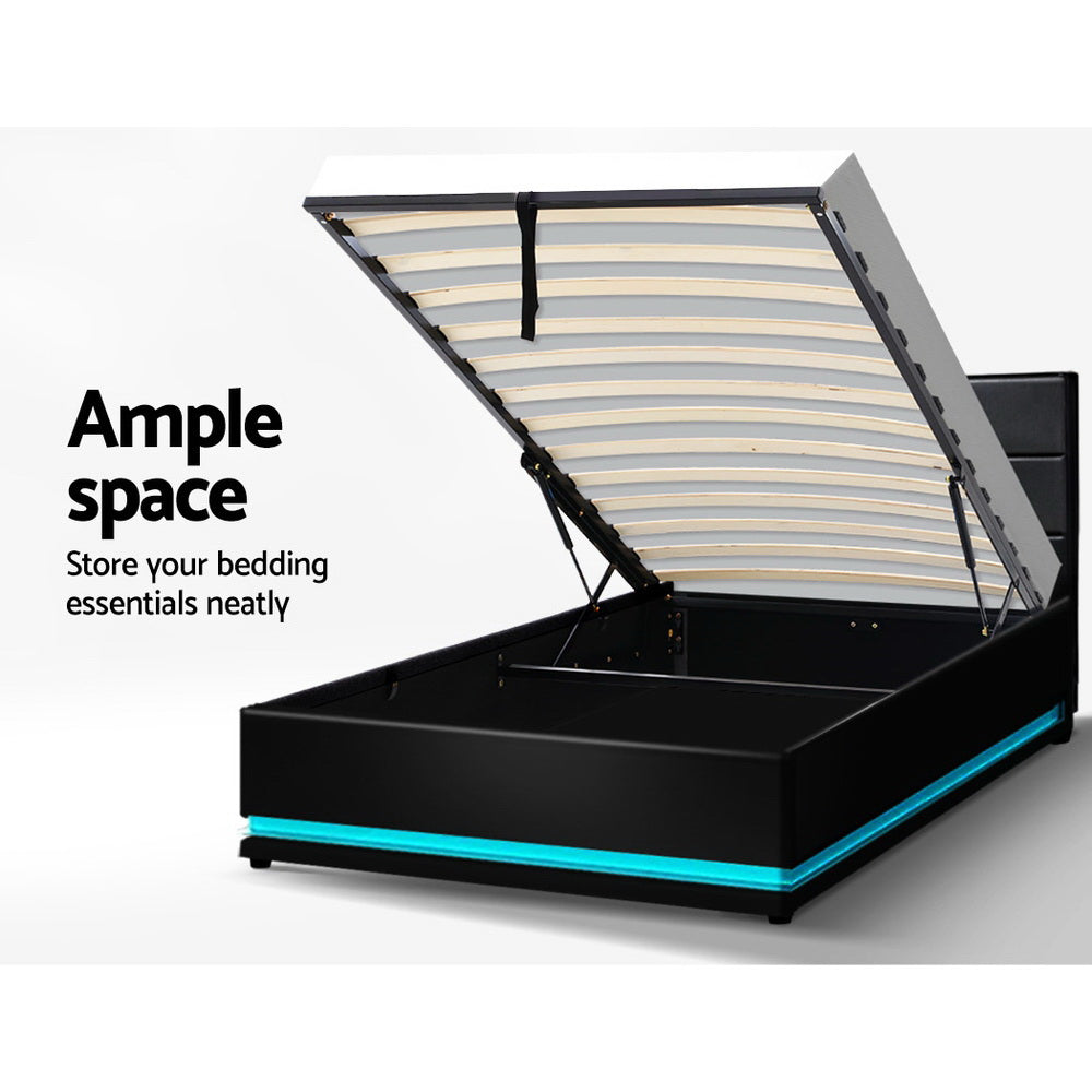 Marlook Bed Frame King Single Size LED Gas Lift Black LUMI