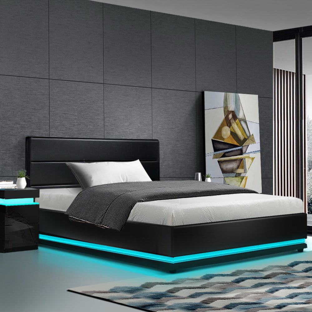 Marlook Bed Frame King Single Size LED Gas Lift Black LUMI